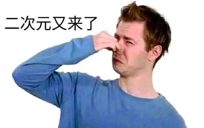 图中是一位身着蓝色上衣的白人男性，他眉头紧皱，用右手捏住鼻子，脸上露出明显的嫌弃、难以忍受的厌烦神情。图片左上角配有黑色文字“二次元又来了”，整体用来表达对二次元相关内容频繁出现的不耐与嫌弃情绪，不存在双关、谐音梗或其他暗示内容。
