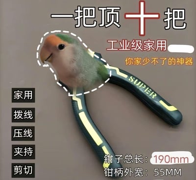 图片为一张搞笑P图，将一只鹦鹉的头部拼接到一把工业级家用钳子的头部位置，形成幽默效果。图片上方有大字“一把顶十把”，右侧标注“工业级家用 你家少不了的神器”，左侧列出“家用、拨线、压线、夹持、剪切”等功能，底部标注钳子总长190mm、钳柄外宽55MM。整体风格模仿产品宣传图，通过动物头部与工具的荒诞结合，夸张表现钳子的多功能性，达到搞笑宣传的目的。