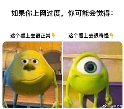 这是一张左右对比结构的搞笑梗图，顶部总配文为“如果你上网过度，你可能会觉得：”，左侧搭配被网友修改过的、长了两只眼睛的《怪兽电力公司》角色麦克·华斯基的形象，对应配文“这个看上去很正常”；右侧搭配原版设定为单眼的麦克·华斯基形象，对应配文“这个看上去很奇怪”，用强烈反差调侃人如果长期接触错误的篡改内容，会把错误内容当成常态，反而觉得原本正确的内容反常的现象。