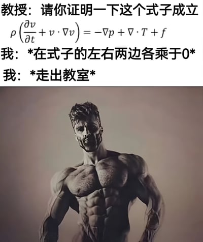 这是一张搞笑梗图，上半部分是教授要求证明纳维-斯托克斯方程的对话，下半部分是一张肌肉男的黑白照片。对话内容显示教授要求证明复杂的流体力学方程，而学生则通过在方程两边乘以0的方式'证明'了等式成立，然后走出教室。下半部分的肌肉男照片象征着学生完成'证明'后的自信姿态。