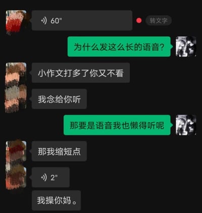 这是一张聊天记录截图，展示了两位用户关于语音消息长度的幽默对话。一方发送了60秒的长语音，另一方抱怨太长不愿听。发送方解释说文字消息对方不看才发语音，最后妥协发送了2秒的语音，内容却是辱骂性语言"我操你妈。"。整个对话用绿色和灰色气泡区分不同发言者，生动展现了现代通讯中关于语音消息的常见矛盾和幽默转折。