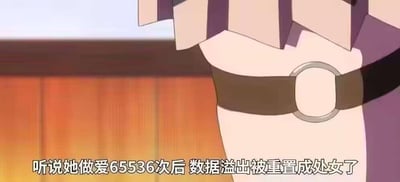这是一张添加了玩梗字幕的动画截图，画面仅展示了动画角色的腿部区域，角色佩戴着带有金属环的深色腿饰，背景是暖色调的木质墙面。图片下方的字幕内容为“听说她做爱65536次后 数据溢出被重置成处女了”，该梗利用了计算机中16位无符号整数的最大值为65535，当数值达到65536时会发生溢出并归零的原理，将现实经历类比为数据溢出，制造出荒诞、低俗又搞笑的反差效果。