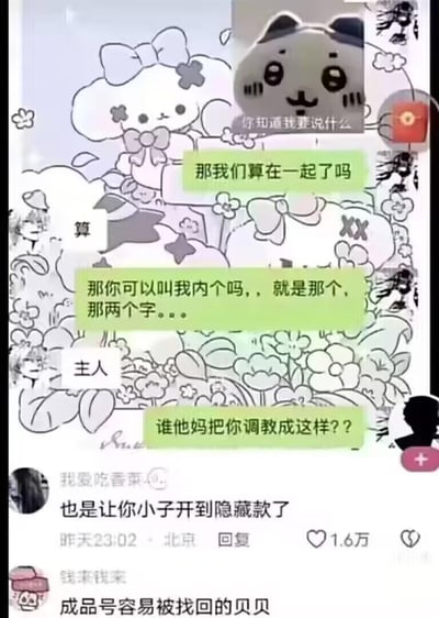 这是一段充满反差感的搞笑聊天记录截图：绿色对话框的用户在确认和对方成为情侣后，希望对方称呼自己预想的亲密昵称，结果白色对话框的用户直接回复了“主人”，让前者瞬间崩溃吐槽“谁他妈把你调教成这样？？”。下方的社交平台评论里，高赞评论“也是让你小子开到隐藏款了”将这个意外回复比作盲盒隐藏款，精准玩梗放大笑点；还有一条串台评论“成品号容易被找回的贝贝”，和主内容无关，增添了额外的滑稽感。用户原本期待的是“宝贝”“亲爱的”这类常规亲密称呼，结果得到了完全偏离预期的回复，这种理解偏差带来了强烈的喜剧效果。