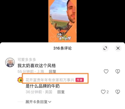 这是一张竖屏的社交媒体评论区截图，顶部展示了带有“送你一天好心情”字样装饰的真人头像图，下方是评论列表区域，显示共有316条评论。用户“可爱多多多”（所在地标注为上海）发布评论称“我太奶喜欢这个风格”，而该内容的作者“花开富贵年年有余家和万事兴”（标注有红色“作者”标识，所在地显示为美国）却回复了一句完全不相关的“是什么品牌的牛奶”，形成了答非所问的乌龙互动效果，这条错位回复获得了2个点赞，下方还有6条可展开查看的回复内容。