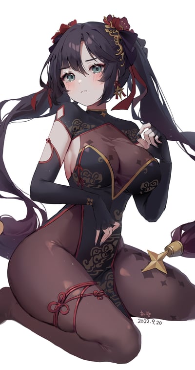 这是一张创作于2022年9月20日的原创二次元插画，画面主体是一位深紫色双马尾的少女。少女有着灰绿色眼眸，脸颊晕染着淡淡红晕，神情带着羞涩感。她身着融合中式云纹元素的改良旗袍式连体衣，搭配深色连体裤袜，大腿处系有红色绳结装饰，服饰细节处的金色纹样和配饰增添了精致感。少女呈跪坐姿态，双手摆出娇俏的姿势，发间点缀着红花与金色发饰，背景为纯白色，将人物的造型与服饰细节完美凸显，整体风格兼具国风韵味与二次元的娇俏性感。