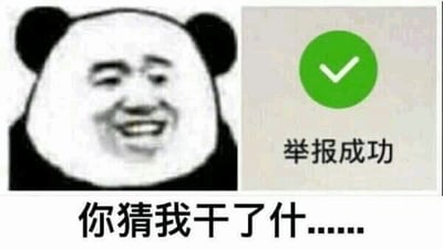 图片左侧为经典熊猫头表情包角色，该角色有着人类面部特征，呈现出戏谑的微笑表情；右侧是一个绿色圆形对勾图标，下方配有“举报成功”文字。图片底部有一行黑色文字“你猜我干了什......”，整体通过表情包角色与“举报成功”提示的组合，营造出一种幽默、调皮的氛围，暗示角色可能进行了举报操作并以此调侃。