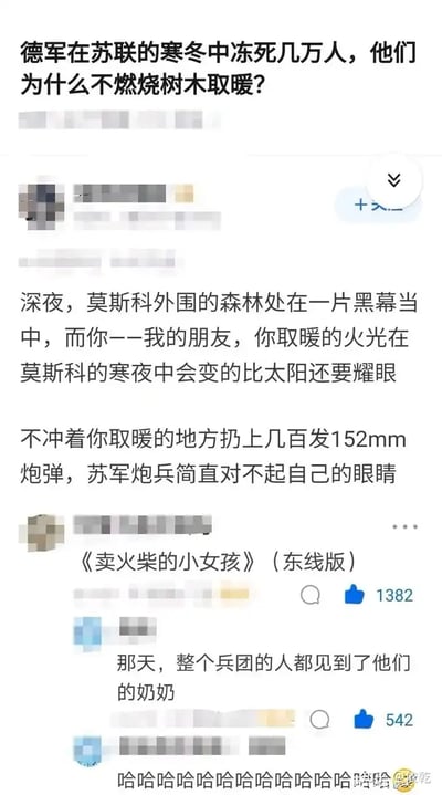 本图是一张关于苏德战争冷知识的问答型表情包，主题是“德军为何不在苏联冬天烧树取暖”。下方热评用戏谑且文学化的方式解释了原因，指苏联会用炮弹锁定火光位置，暗示一旦点火就会被打击，并用“卖火柴的小女孩”变体和“全员见到奶奶”（指去世）幽默收尾。文案中有明显的文学引用（二战、卖火柴的小女孩）、黑色幽默和历史冷知识糅合。含有网络流行的“全员见奶奶”暗示。无明显谐音梗，有“卖火柴的小女孩”东线版恶搞。有多条高赞玩梗评论。