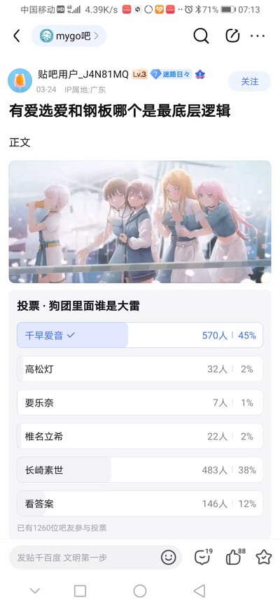 这是百度贴吧「mygo吧」的一则粉丝趣味讨论帖，标题抛出「有爱选爱和钢板哪个是最底层逻辑」的玩梗问题，其中「有爱选爱」指代动画《BanG Dream! It's MyGO!!!!!》的千早爱音，「钢板」是该动画角色长崎素世的粉丝玩梗称呼。帖中附带了MyGO五名角色的同人插画，并发起名为「狗团里面谁是大雷」的投票，「大雷」指粉丝眼中有争议、被视为“雷点”的角色。投票结果显示千早爱音以570票（45%）位居第一，长崎素世以483票（38%）紧随其后，其余角色高松灯、要乐奈、椎名立希得票率均不足3%，另有12%的吧友选择「看答案」，总计1260位吧友参与了本次投票。