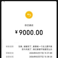 这是一张竖屏手机格式的支付工具界面截图，顶部显示黄色返回箭头和“你已退还”的提示文字，下方醒目展示退还金额¥9000.00。截图下方附带转账说明：“兄弟，谢啦侄子，家里唯一一个女儿是不是 今天失恋了，我们都不知道该怎么办”，这段文字逻辑混乱、语无伦次，同时标注了转账时间2026年2月17日15:37:49和到账时间2026年2月17日15:38:26，整体记录了一笔带有奇怪说明的退款操作。