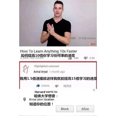 这是一张经过译制和二次创作的图文混排内容，主体是国外知识类短视频的截图。画面上方是一位穿黑色T恤的男性博主，正严肃地讲解内容，视频标题为“How To Learn Anything 10x Faster”，被译为“如何提高10倍你学习任何事的速度”；画面中间是视频的评论区，一条由用户Aviral Aryal发布的高亮评论写道“我用1.5倍速播放这样我就能提高15倍学习的速度”，这条评论用错误的乘法逻辑调侃了视频的“10倍速学习”噱头，获得了545646个赞；画面最下方是一个恶搞的权限请求弹窗，模仿应用获取权限的样式，显示“Harvard wants to: 知道你的位置！”，进一步用荒诞的内容增加笑点，整体是对这类标题党式高效学习视频的调侃与恶搞。