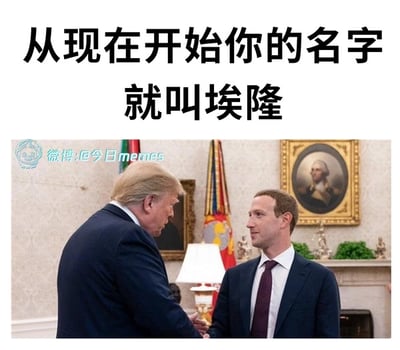 这张梗图使用了特朗普和马克·扎克伯格握手的真实新闻照片，并在图片上方加上了“从现在开始你的名字就叫垡隆”的大字，搞笑地以中式谐音梗赐名。语气模仿权威赐名场面，全图产生荒诞幽默效果，非常适合社交平台整活和玩梗。 

谐音梗说明：“垡隆”来源于英文音译，调侃性极强，和命名仪式结合，形成了反差萌。