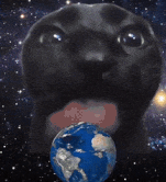 这是一张动态GIF，画面中是一只黑色的猫科动物形象，有着圆睁的大眼睛，背景是布满星星的深邃宇宙。动物前方悬浮着一个蓝色的地球仪，地球仪似乎在轻微旋转。动物的表情呈现动态变化：从最初的专注凝视，到突然俏皮地吐出舌头，随后又恢复凝视状态，整体营造出一种可爱又略带超现实的反差感，仿佛小动物在浩瀚宇宙中与地球互动。
