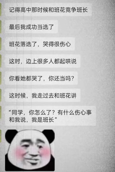这是一张图文结合的搞笑网络梗图，上方是一段叙事性文字段子，讲述高中时期“我”和班花共同竞选班长，最终“我”成功当选，落选的班花哭得十分伤心，周围人起哄询问“你看她都哭了，你还当吗？”，结果“我”走到班花面前表明自己的班长身份，让对方有伤心事可以和自己说；文字下方搭配了一个脸颊泛红、神情得意又欠揍的熊猫头表情包，通过主角当选后立刻端起班长身份的反差感制造笑点，风格诙谐有趣。