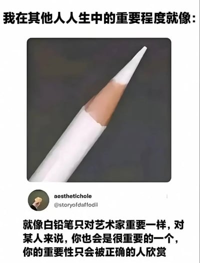 这是一张治愈系图文梗图，整体为白底布局，顶部首先抛出设问式文案“我在其他人人人生中的重要程度就像:”，中间嵌入一张深灰色背景的削尖白色铅笔特写照片，照片下方标注了原发布者的X平台账号信息，最底部搭配解释性文案，用白铅笔仅对有需求的艺术家具备使用价值的特点做比喻，传递了不必强求自己在所有人眼中都有重要性，你的价值只会被真正在意你的人认可的核心观点，能够缓解观看者的自我价值焦虑。