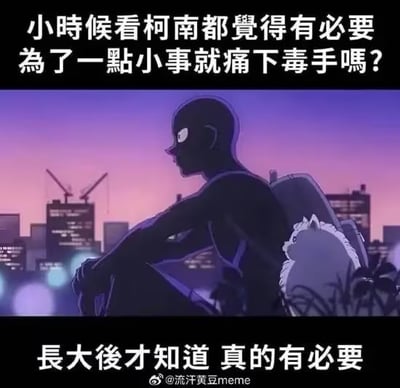 图片上方文字为'小时候看柯南都觉得有必要为了一点小事就痛下毒手吗？'，下方文字为'长大后才知道 真的有必要'，中间是一个黑色剪影人物坐在城市黄昏背景前，身旁有一只白色猫咪。通过童年与成年对《名侦探柯南》中犯罪动机的不同看法，形成幽默反差，表达了成长后对生活中某些矛盾的无奈调侃。