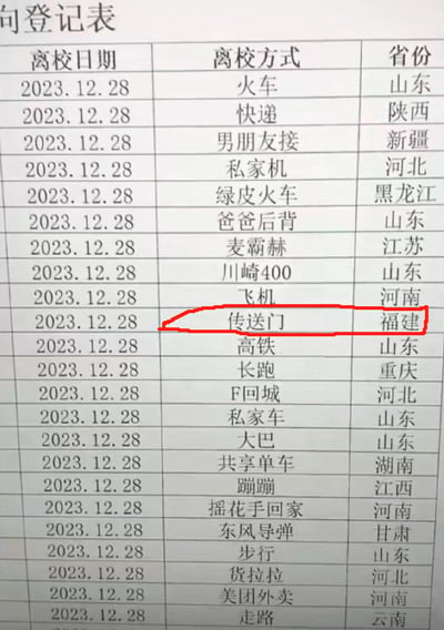 一张搞笑的离校登记表截图，所有学生的离校日期均为2023年12月28日，但离校方式却包含各种离谱选项。除了火车、高铁等正常交通方式外，还出现了“男朋友接”“爸爸后背”“私家机”“川崎400”“传送门”“F回城”“摇花手回家”甚至“东风导弹”等荒诞选项。其中福建同学的“传送门”方式被红色线圈出，格外醒目。表格以一本正经的官方文件形式呈现，却搭配搞笑内容，形成强烈反差萌。