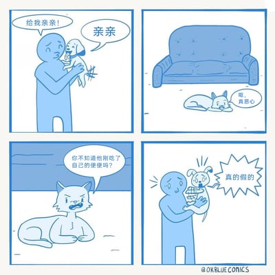 这是一幅四格搞笑连环漫画：第一格中，拟人化的蓝色主人抱着狗狗，亲昵地索要亲亲，狗狗也开心地回应亲亲；第二格中，一旁的猫咪趴在地上，干呕着表示恶心；第三格中，猫咪坐起身，愤怒地对着主人揭露真相，称狗狗刚吃了自己的便便；第四格中，主人抱着狗狗，满脸震惊地喊出“真的假的”，狗狗也露出了难以置信的惊讶表情，整个故事利用宠物的日常习性制造出尴尬又搞笑的反差效果。