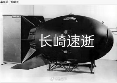 这是一张基于二战美国投放到日本长崎的原子弹“胖子”的黑白历史照片制作的梗图。图中在原子弹主体上添加了白色大字“长崎速逝”，图片顶部还有文字“丰氚箱子导致的”。
- 谐音梗说明：“长崎速逝”谐音“长崎寿司”，结合原子弹的历史背景，用谐音制造调侃效果；“丰氚箱子”谐音“丰田箱子”，同样是玩谐音梗。