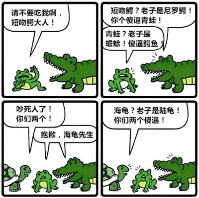 这是一幅四格连环搞笑漫画：第一格，一只蟾蜍误以为面前的鳄鱼是短吻鳄，惊恐地举手求饶；第二格，鳄鱼愤怒地纠正自己是尼罗鳄，还骂蟾蜍是青蛙，蟾蜍也立刻回怼，纠正自己是蟾蜍并骂鳄鱼；第三格，旁边的陆龟出声制止二者的争吵，鳄鱼和蟾蜍连忙向它道歉，还错把它认成海龟；第四格，陆龟愤怒地纠正自己是陆龟，回骂二者傻逼。整个漫画的笑点在于每个角色都认错了对方的物种，最后制止者也被认错，形成了一个搞笑的循环，通过角色间的愤怒回怼制造出反差趣味。