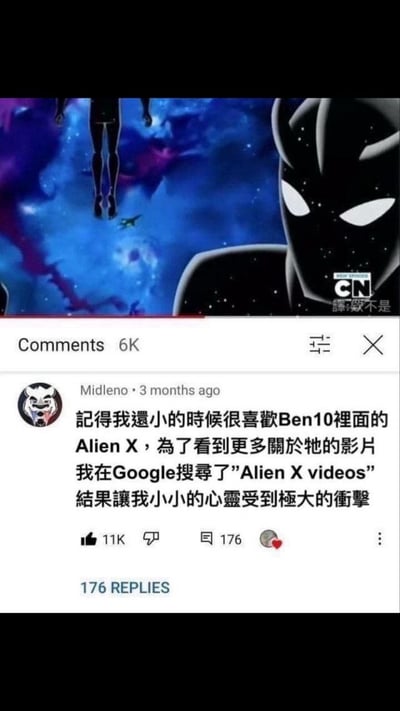 这是一张图文混排的梗图，上方是美国动画《Ben 10》里的强力外星英雄Alien X的动画截图，背景是宇宙星空；下方是YouTube平台用户Midleno的评论（已翻译成繁体中文），评论内容为：「记得我還小的時候很喜歡Ben10裡面的Alien X，為了看到更多關於祂的影片我在Google搜尋了”Alien X videos”結果讓我小小的心靈受到極大的衝擊」。
梗点解析：用户童年搜索动画角色关键词时，意外搜到了和该关键词同名/近似的成人擦边内容，导致童年心灵受到冲击，属于童年网络搜索踩雷的社死搞笑梗。