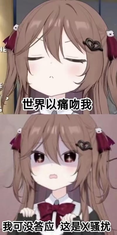 这是一张上下对比的动漫梗图，改编自泰戈尔的名言"世界以痛吻我，要我报之以歌"。上半部分是闭眼忍耐的动漫女孩，配文"世界以痛吻我"；下半部分是睁眼严肃的同一女孩，配文"我可没答应 这是X骚扰"，通过幽默方式表达对不合理遭遇的拒绝态度。