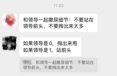 这是一张包含职场幽默内容的图片，展示了关于与领导相处的搞笑建议。图片中有三个主要文字气泡，内容围绕"和领导一起撒尿"的虚构场景展开，包含讽刺性的职场礼仪建议。上方气泡写着"和领导一起撒尿细节：不要站在领导前头，不要掏出来太多"，中间气泡内容为"如果领导是0，掏出来甩如果领导是1，站前头"，底部气泡重复了顶部内容但呈灰色显示。文字旁边配有红色和黑色的抽象水墨风格图案，整体采用简约的灰白背景设计。