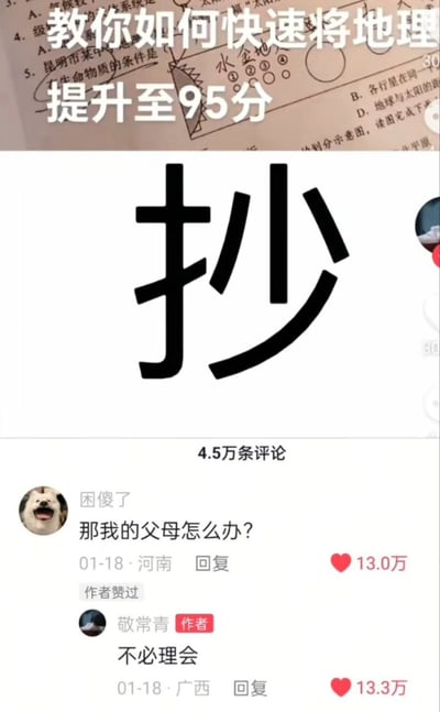 这张梗图通过分屏格式，上半部分为“如何快速将地理提升至95分”的作业/考试题图，下半用超大的“抄”字直接点明“抄作业”是提分窍门，极具讽刺和直接性。下方评论区“那我的父母怎么办？”与“无需理会”的神回复，进一步加深了自嘲和无奈的氛围，十分贴切地讽刺了部分学生作弊的现象。

采用了双关与简化：用一个“抄”字代替了复杂学习过程，用以讽刺应试教育和学生应付考试的捷径。

评论区的互动配合表情包头像，幽默感拉满。