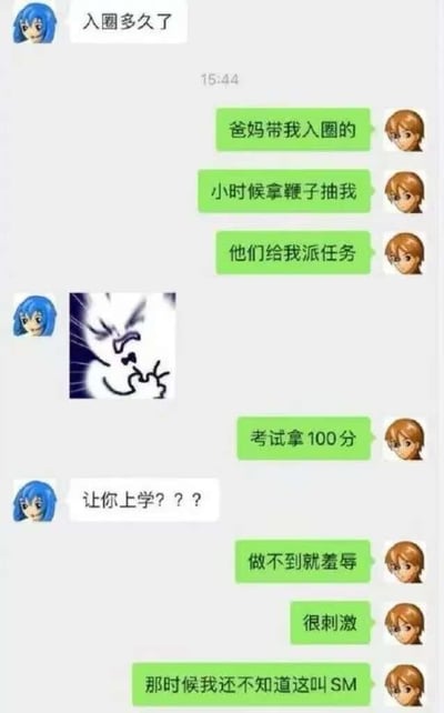 这是一段竖屏的聊天记录截图，蓝头发头像的用户先询问对方“入圈多久了”，棕头发头像的用户用玩梗的方式回应，将父母小时候要求自己必须考100分、做不到就被“羞辱”的高压家庭教育，用SM（性虐恋亚文化）的相关表述来调侃，称自己那时候不知道这叫SM，中间还插入了一张愤怒抓狂的卡通表情包，制造出反差感，把严肃的家庭教育话题用错位的亚文化概念解读，形成幽默搞笑的效果。