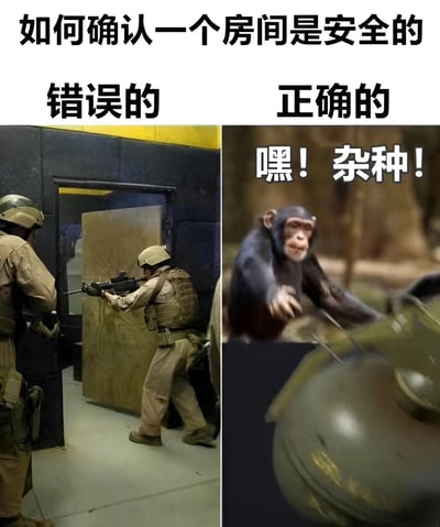 这是一张对比梗图，展示了确认房间安全的'错误'和'正确'方式。左侧错误方式显示士兵战术破门，右侧正确方式显示一只猴子喊着'嘿！杂种！'并拿着疑似手榴弹的物品，通过夸张对比制造幽默效果。
