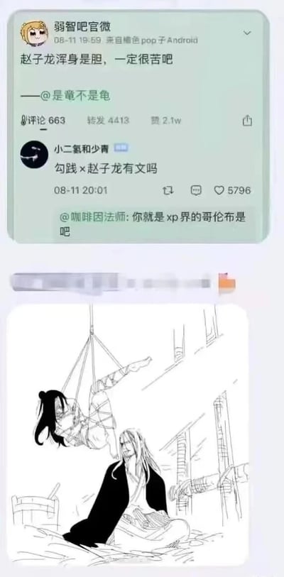 这是一张社交媒体截图，展示了一个关于历史人物的谐音梗。帖子内容为："赵子龙浑身是胆，一定很苦吧"，利用"胆"与"苦"的谐音制造笑点。下方有热门评论询问"勾践×赵子龙有文吗"，引发有趣互动。图片下半部分是一幅线稿插画，描绘了一个人物被吊在绳索上，下方站着另一个人物，与评论中的历史人物CP梗相呼应。