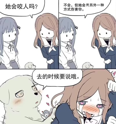 这是一则三格原创卡通连环漫画：
1. 第一格中，灰发女生好奇地向棕发女生询问地上的小狗“她会咬人吗？”，棕发女生笑着回应；
2. 第二格中，棕发女生神秘地表示“不会，但她会用另外一种方式伤害你”；
3. 第三格剧情反转，小狗突然变大，对着脸红心跳、满眼爱心的花痴棕发女生说“去的时候要说哦”，灰发女生则在小狗身后露出坏笑。

这里的“伤害”是反差梗，实际是小狗的撩拨让女生陷入心动的“暴击”，用意料之外的剧情制造搞笑效果。