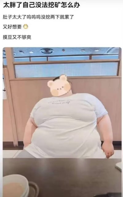 这是一张顶配底文结构的图文混排梗图，顶部是自嘲风格的配文，下方配图为一名体型非常肥胖的男子坐在餐饮店的座椅上，男子脸部被可爱的卡通小猪贴纸遮挡，身穿浅色短袖T恤，大腹便便向后靠在椅背上，画面前景能看到餐桌和盛放着饮品的容器。配文中的“挖矿”是网络常用的代指赚取资源、获取奖励的说法，整体内容调侃自己过于肥胖没有力气干活赚想要的东西，摸鱼又不够有成就感，充满搞笑的自嘲氛围。