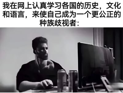 图片上方有一段文字："我在网上认真学习各国的历史，文化和语言，来使自己成为一个更公正的种族歧视者："。下方是一张黑白照片，显示一名留着胡须的男子正专注地坐在电脑前操作。这张图片通过强烈的反差和反讽手法制造幽默效果，表面上声称学习是为了成为"更公正的种族歧视者"，实际上是对种族歧视观念的讽刺。