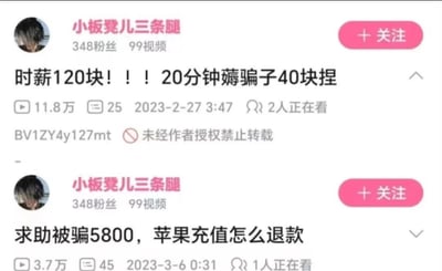 这是哔哩哔哩（B站）用户「小板凳儿三条腿」的两条视频动态截图，呈现出极具戏剧性的前后反差：2023年2月27日，该用户发布视频《时薪120块！！！20分钟薅骗子40块捏》，炫耀自己仅用20分钟就从骗子处“薅”到40元，换算时薪达120元，这条视频获得了11.8万播放量、25条评论；仅过了约一周，在2023年3月6日，该用户发布另一条视频《求助被骗5800，苹果充值怎么退款》，求助自己被骗5800元后苹果充值的退款方法，这条视频播放量3.7万、评论数45。截图显示该用户当时拥有348粉丝、99个视频，两条视频的实时观看人数分别为2人和1人。这种“刚炫耀完薅骗子就反被大额诈骗”的反差，形成了强烈的喜剧效果，引发网友调侃。