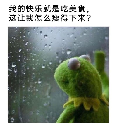 这是一张图文结合的网络表情包，上方配有文字“我的快乐就是吃美食，这让我怎么瘦得下来？”，下方是经典布偶角色科米蛙的玩偶，它倚靠在布满雨滴的玻璃旁，眼神流露出惆怅与无奈的情绪。整张图通过拟人化的方式，生动地展现了当代美食爱好者想要减肥却难以割舍美食的纠结心态，精准戳中了很多人在减肥路上的矛盾痛点，适合在社交平台抒发这类烦恼情绪。