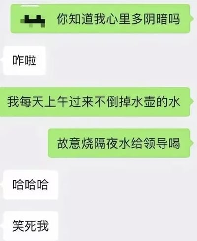 这是一张聊天记录截图，展示了两人的幽默对话。绿色气泡用户先故作神秘地说“你知道我心里多阴暗吗”，在对方回应“咋啦”后，揭晓所谓的“阴暗”竟是“每天上午过来不倒掉水壶的水，故意烧隔夜水给领导喝”。白色气泡用户则以“哈哈哈”和“笑死我”回应，整体氛围轻松搞笑，用夸张的“职场阴暗面”调侃日常工作中的小吐槽。