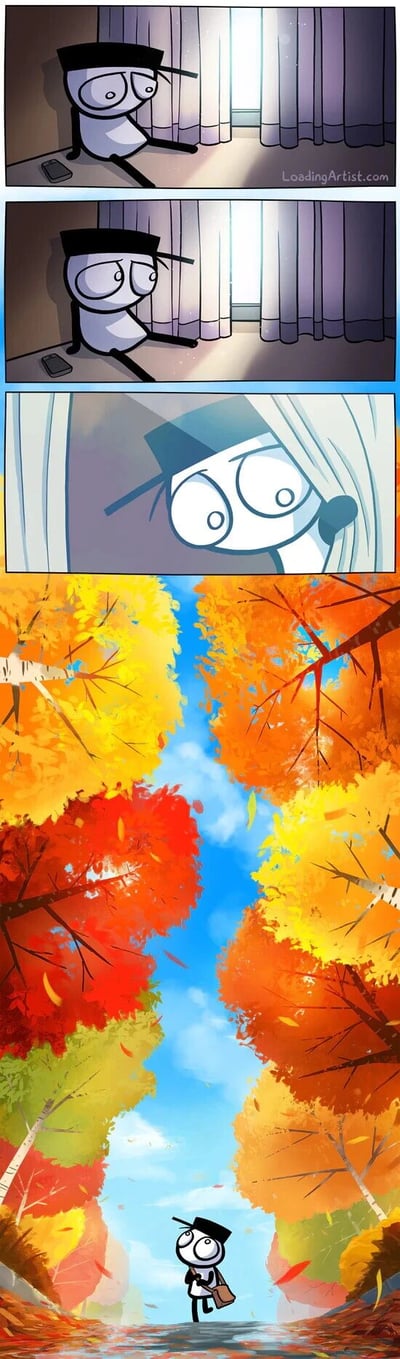 这是一组四格连环漫画，主角是一个戴着帽子的简笔小黑人。前两格中，小黑人独自坐在窗边，眼神漠然地望着窗外，显得有些无聊。第三格特写其眼睛突然睁大，流露出惊喜的神情。最后一格画面骤变，展现小黑人背着包漫步在色彩绚烂的秋日森林中，头顶是湛蓝天空，两侧是红黄相间的枫叶，落叶铺满小径，整体氛围从平静转为治愈。