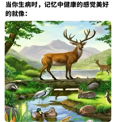 图片上方配有文字“当你生病时，记忆中健康的感觉美好的就像：”，下方是一幅色彩鲜艳的自然插画。画面中有一只体型较大的鹿站在横跨小溪的木头上，周围有鸭子在水中游弋、苍鹭伫立岸边、兔子趴在草地上，背景是茂密的森林和远处的山脉，整体呈现出宁静祥和的自然美景，以此比喻健康时的美好感受。