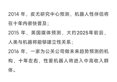 图片为纯文字内容，罗列了2014至2016年间关于机器人伴侣普及的三项预测：2014年皮尤研究中心预测机器人性伴侣将在十年内普及；2015年英国媒体预测2025年前后人类与机器能建立性关系；2016年某公关趋势预测机构预测十年左右性爱机器人进入中高收入群体。内容以时间线形式呈现，无图像或表情包元素，主要用于信息传递。