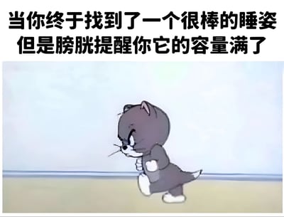 图片上方配有文字'当你终于找到了一个很棒的睡姿但是膀胱提醒你它的容量满了'，下方是卡通角色汤姆（Tom）的形象。汤姆呈现出愤怒且略带憋屈的表情，身体微微前倾，双手握拳，似乎正挣扎着忍受生理需求的困扰。整个画面生动展现了人们在找到舒适睡姿后却因尿急不得不起身的无奈与抓狂，充满生活气息和幽默感。