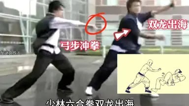 图片展示了台剧《紫禁之巅》中两位男主在雨中停车场“斗殴”的经典场景，两人实则在进行夸张的舞蹈动作。画面中用红色箭头和文字标注“马步冲拳”“双龙出海”，右下角配有一幅传统武术招式示意图，底部文字“少林六合拳双龙出海”将荒诞的舞蹈动作一本正经地解读为武术招式，形成强烈反差萌。该图通过严肃的武术解说包装无意义的尬舞争执，完美延续了原梗“打架像跳舞”的荒诞美学，极具调侃效果。