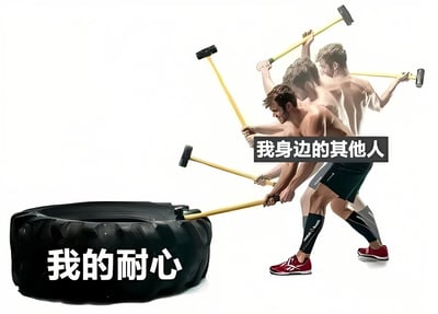 图片展示了三个肌肉发达的男性正挥动锤子准备击打一个标有“我的耐心”的黑色轮胎，上方文字标注“我身边的其他人”。通过夸张的视觉对比，幽默地表现了自己的耐心正在被周围人不断消耗的场景。