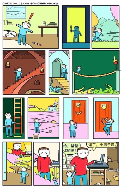 这幅连环漫画讲述了一个充满童趣的小故事：小男孩在房间里发现爸爸的笔掉落在地，随即在想象中开启了一场惊险刺激的奇幻冒险——他手持笔化身小勇士，穿过神秘传送门、在野外疾跑、攀爬螺旋楼梯、躲避野兽、走过满是毒蛇的吊桥、爬上高梯、穿越沙漠，历经重重“险境”后来到一扇大门前，当他打开门后，瞬间回到了现实世界。原来这一切都是小男孩的脑洞，他只是完成了捡起笔递给正在电脑前工作的爸爸这件小事，爸爸欣慰地称呼他为“小男子汉”，整个故事用夸张的奇幻叙事包装日常小事，既充满幽默趣味，又传递出温暖的亲子温情。