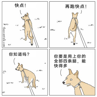 这是一幅四格连环漫画，描绘了遛狗时的搞笑反转场景：第一格中，被牵引绳牵着的狗狗只用两条后腿站立奔跑，画外的主人催促“快点！”；第二格，主人继续催促“再跑快点！”；第三格，狗狗停下脚步，转头看向画外的主人，开口说“你知道吗？”；第四格，狗狗露出吐槽的表情，对主人说道“你要是用上你的全部四条腿，能快得多”，反过来讽刺主人只用两条腿走路，却催促用两条腿跑的自己更快，形成荒诞又搞笑的反差效果。