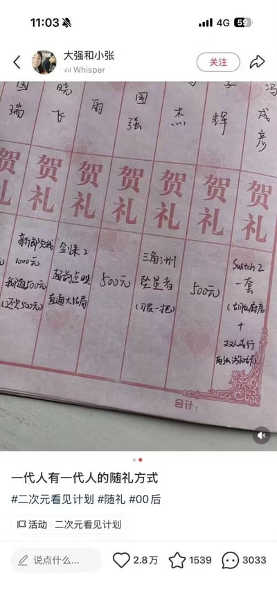 这是一张小红书平台的内容截图，画面上半部分是一份结婚贺礼礼单，礼单的贺礼栏除了常规的现金随礼外，还有诸多贴合年轻群体兴趣的特殊随礼：比如记为“新郎欠我1000元 我随500元（还欠500元）”的抵债式随礼、“金铢2 超前点播 直通大结局”、游戏《三角洲》的坠星者刀皮、Switch2主机搭配《古魂厨房》《双人成行》游戏及两张演唱会门票等。截图下半部分是发布者配文“一代人有一代人的随礼方式”，附带相关话题标签，该内容获赞2.8万，收获1539次收藏和3033条评论。
