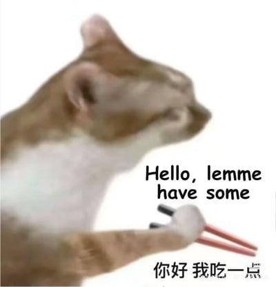 这张图片是一只橘猫举着两根筷子，一脸平静地望向画外，配有“Hello, lemme have some”和“你好 我吃一点”两行中英双语文字，画面以幽默可爱的方式表达了猫咪‘请求吃一点’的意思。该图是爆火于2025年的网络梗“你好我吃一点”系列表情包的开场经典形象，也是虚拟聚餐/美食互动常用的表情图，在社交平台评论区尤其美食内容下常用于‘蹭饭’‘要尝一点’的趣味互动。

未见明显谐音梗或暗示，主打白描式的无辜和可爱感，猫和筷子的组合带有动画化、拟人化玩笑成分。