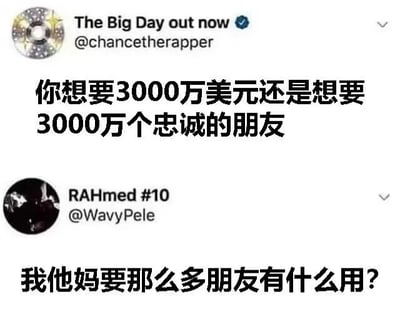 这是一张社交媒体对话截图，展示了两条Twitter推文的互动。第一条推文由用户“The Big Day out now”(@chancetherapper)发起，提出假设性问题：“你想要3000万美元还是想要3000万个忠诚的朋友”。第二条推文来自用户“RAHmed #10”(@WavyPele)，以幽默且现实的口吻回复：“我他妈要那么多朋友有什么用?”。对话通过夸张的数量对比制造笑点，凸显了在金钱与过多朋友之间更倾向于选择前者的调侃态度。