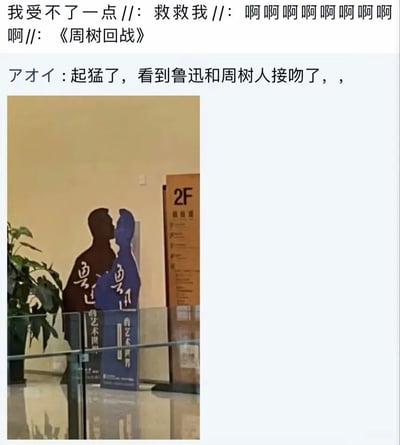 这是一张图文混排的社交媒体截图，包含两条网友评论和一张实拍错位图。实拍图拍摄于展馆或商场的2楼区域，两个印有“鲁迅”字样的人形立牌因摆放角度与拍摄视角的巧合，形成了强烈的视觉错位效果，看起来仿佛是两个人物在接吻。网友评论借此玩梗，利用“鲁迅原名周树人”的常识，故意将二者调侃为两个不同的人物，还结合热门动漫《咒术回战》玩出谐音梗《周树回战》，用夸张的语气表达看到该场景的搞笑与荒诞感，充满了反差趣味。