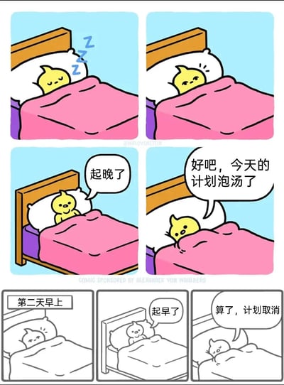 这是一组六格连环漫画，主角是一只黄色小鸡，描绘了它的睡眠与计划矛盾日常。

第一格：小鸡在粉色被子下熟睡，头顶有蓝色Zzz符号
第二格：小鸡惊醒，眼睛睁大
第三格：小鸡坐起来说“起晚了”
第四格：小鸡躺回床上说“好吧，今天的计划泡汤了”
第五格：标题“第二天早上”，小鸡熟睡
第六格：小鸡坐起来说“起早了”，随后又躺回床上说“算了，计划取消”

漫画通过幽默方式展现了人们常常无法执行计划的无奈，无论是起晚还是起早，最终都选择放弃计划，带有自嘲和摆烂的意味。