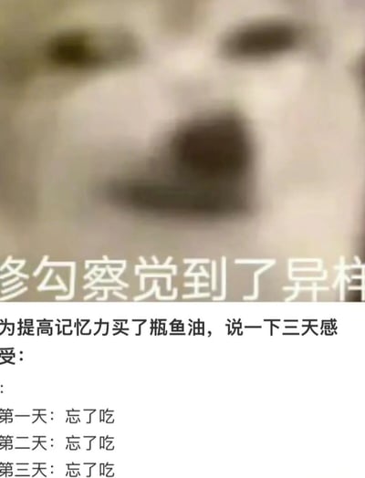 图片上半部分是一张模糊的狗脸，配文“爹勾察觉到了异样”，下半部分是一段文字，内容为“为提高记忆力买了瓶鱼油，说一下三天感受：第一天：忘了吃 第二天：忘了吃 第三天：忘了吃”。通过买鱼油想提高记忆力却连续三天忘记服用的反差，形成了一种幽默的讽刺效果，展现了生活中常见的“好心办坏事”或“计划赶不上变化”的搞笑场景。
